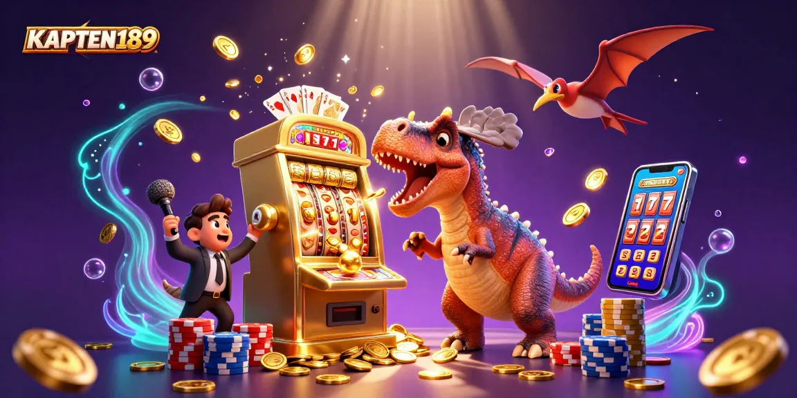 KAPTEN189 meraih jackpot dengan dinosaurus 3D dan mesin slot, penuh koin emas.