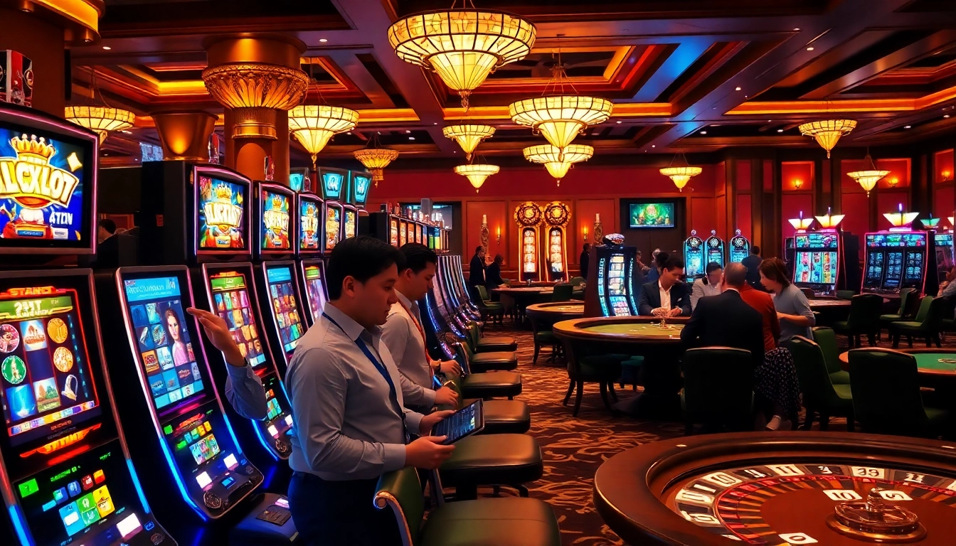 Players experience exhilarating gameplay at Wingslots77's vibrant slot machines in a stylish casino setting.
