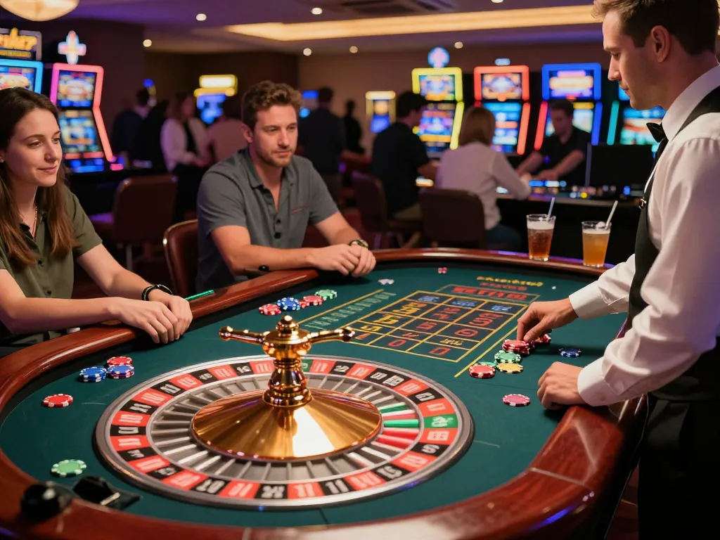 Tg88 players placing bets at a captivating roulette table in a lively casino atmosphere.