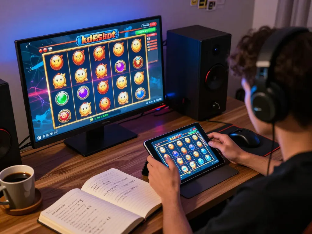 Engaged player enjoying kdslot slot game on tablet with strategy notes nearby