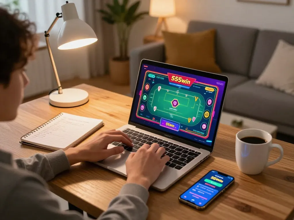 Engaging gameplay on 555win poker application with strategic notes in a cozy gaming setup.