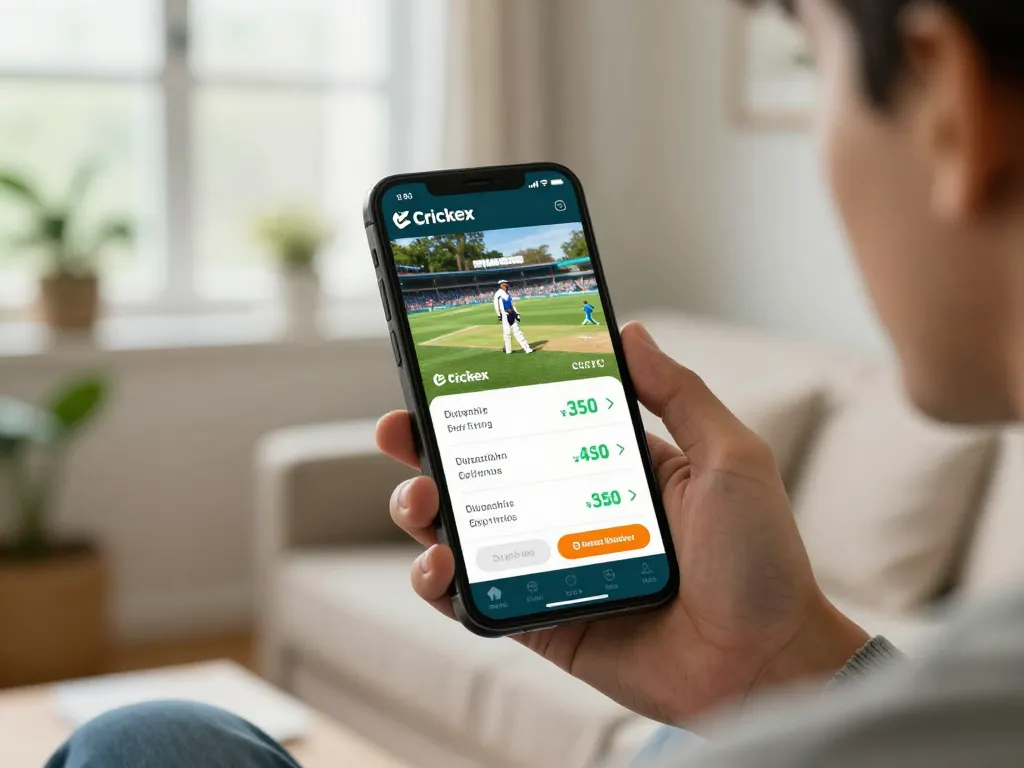 Engaged user participating in live betting on cricket via https://crickex.fit/ app, showcasing real-time odds and friendly environment.
