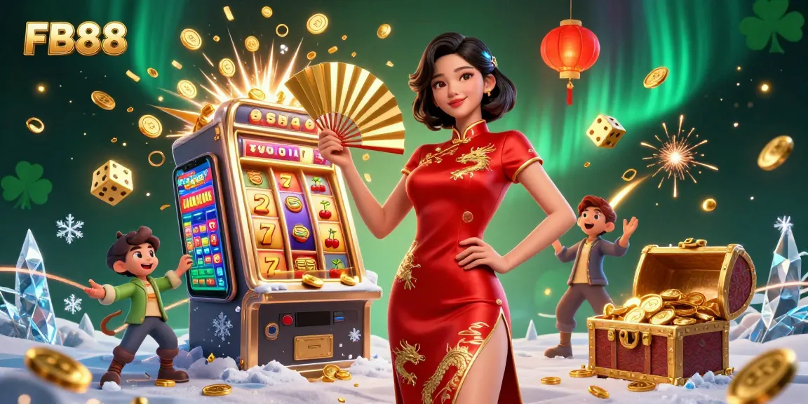 Experience the excitement at FB88 with a stunning 3D casino illustration showcasing jackpot slots and gold coins.