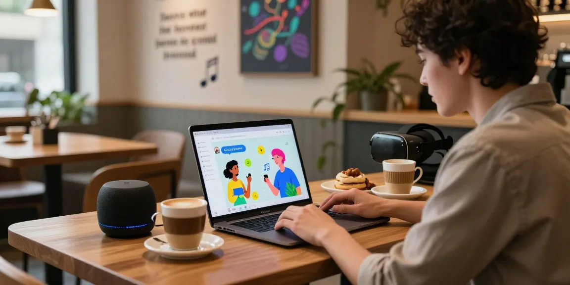 Engaging user experience with CrushonAI at a cozy digital cafe featuring AI characters in lively conversation.