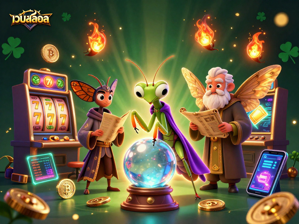 Engage with เว็บสล็อต through a mystical scene featuring fortune tellers and crypto elements.