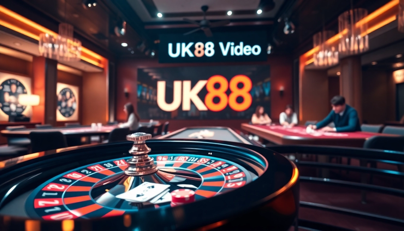 Engaging casino scene featuring UK88 video's vibrant gaming experience with roulette and poker tables.