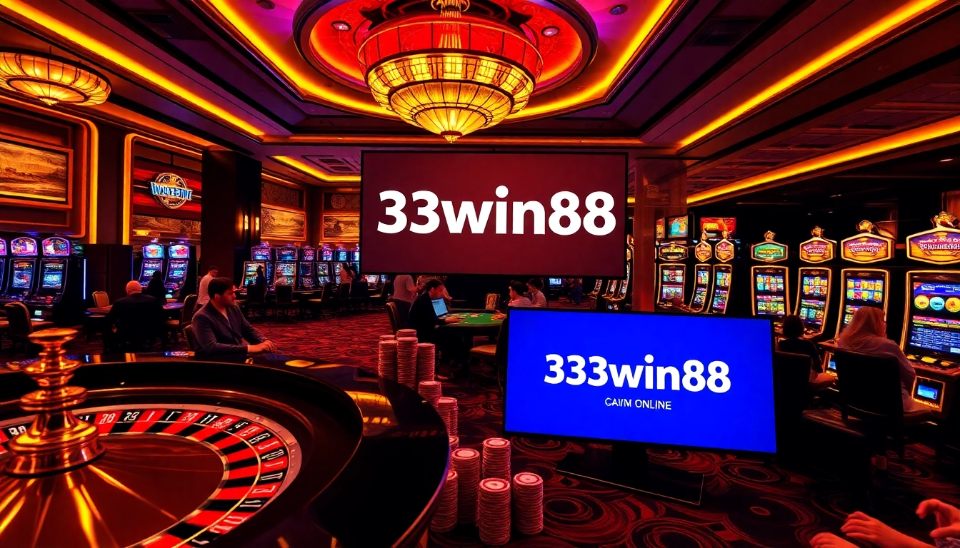 Exciting gambling scene showcasing 33win68 logo with poker chips and roulette wheel.
