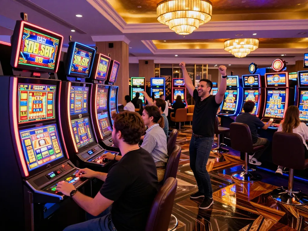 Engaging players celebrate wins on kerajaanslot while playing colorful slot machines in a vibrant casino