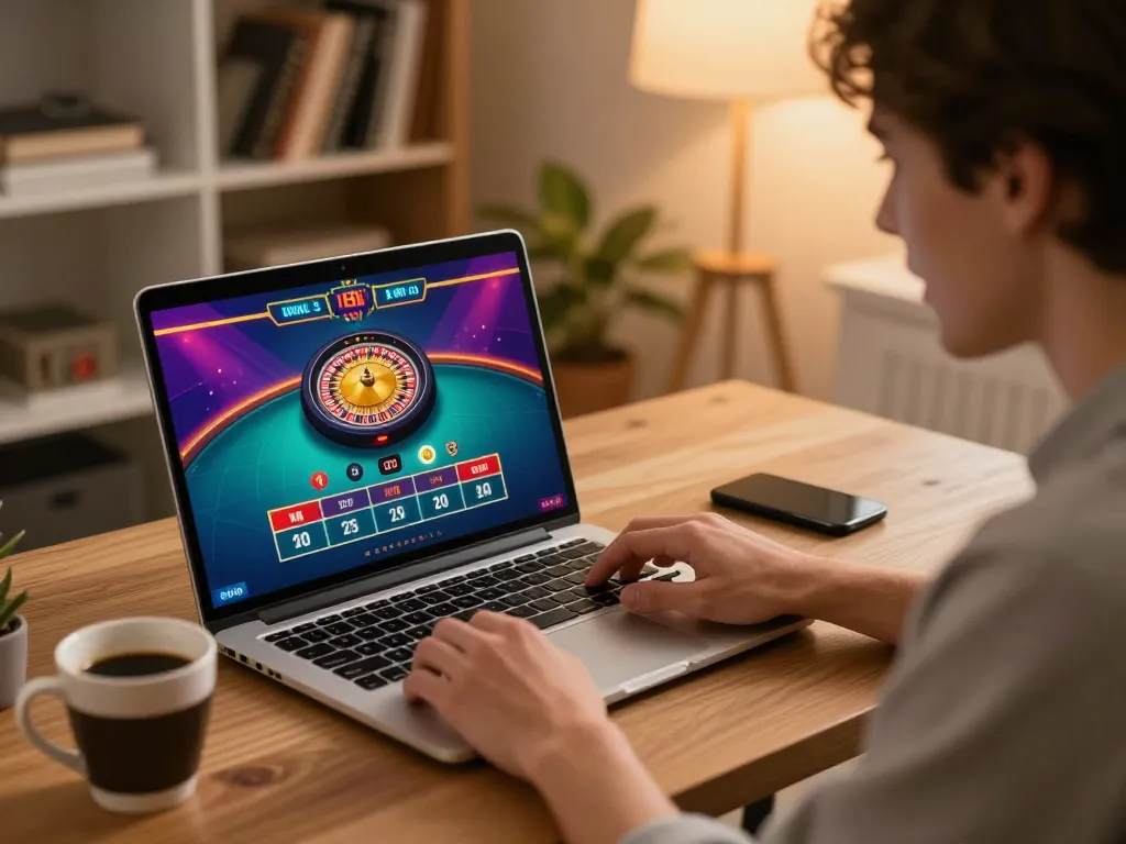 cm88 player placing a bet during a live roulette game on a laptop in a cozy home setting