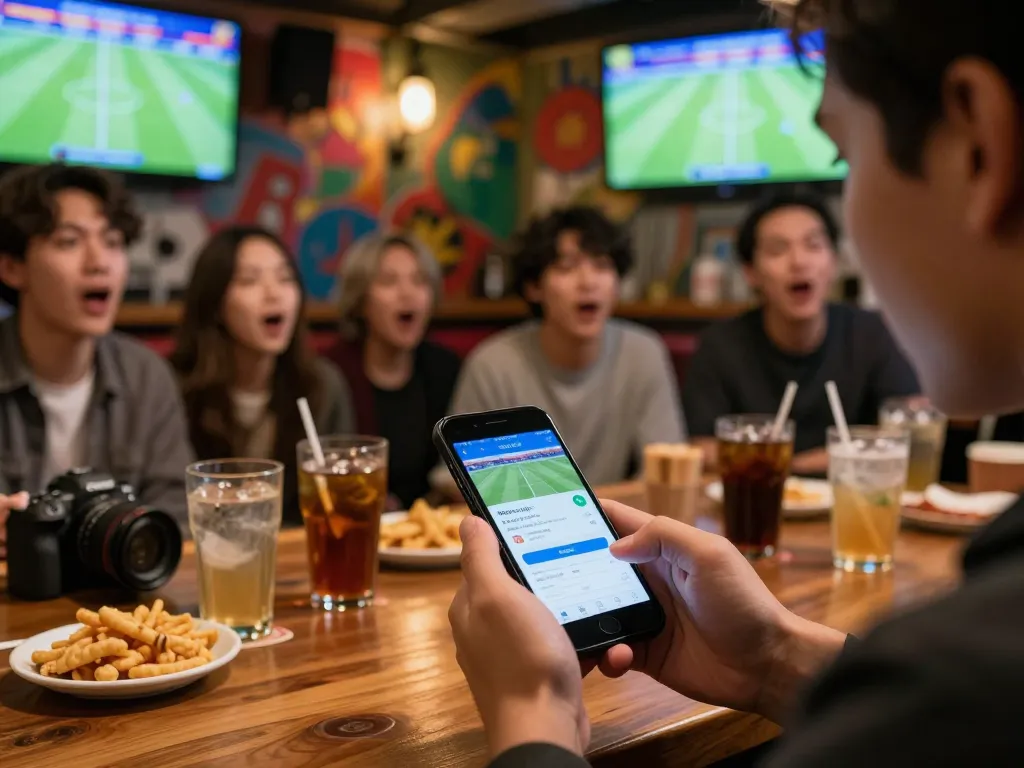 Tỷ lệ kèo nhà cái being checked on smartphone during an intense sports betting moment at a lively bar.