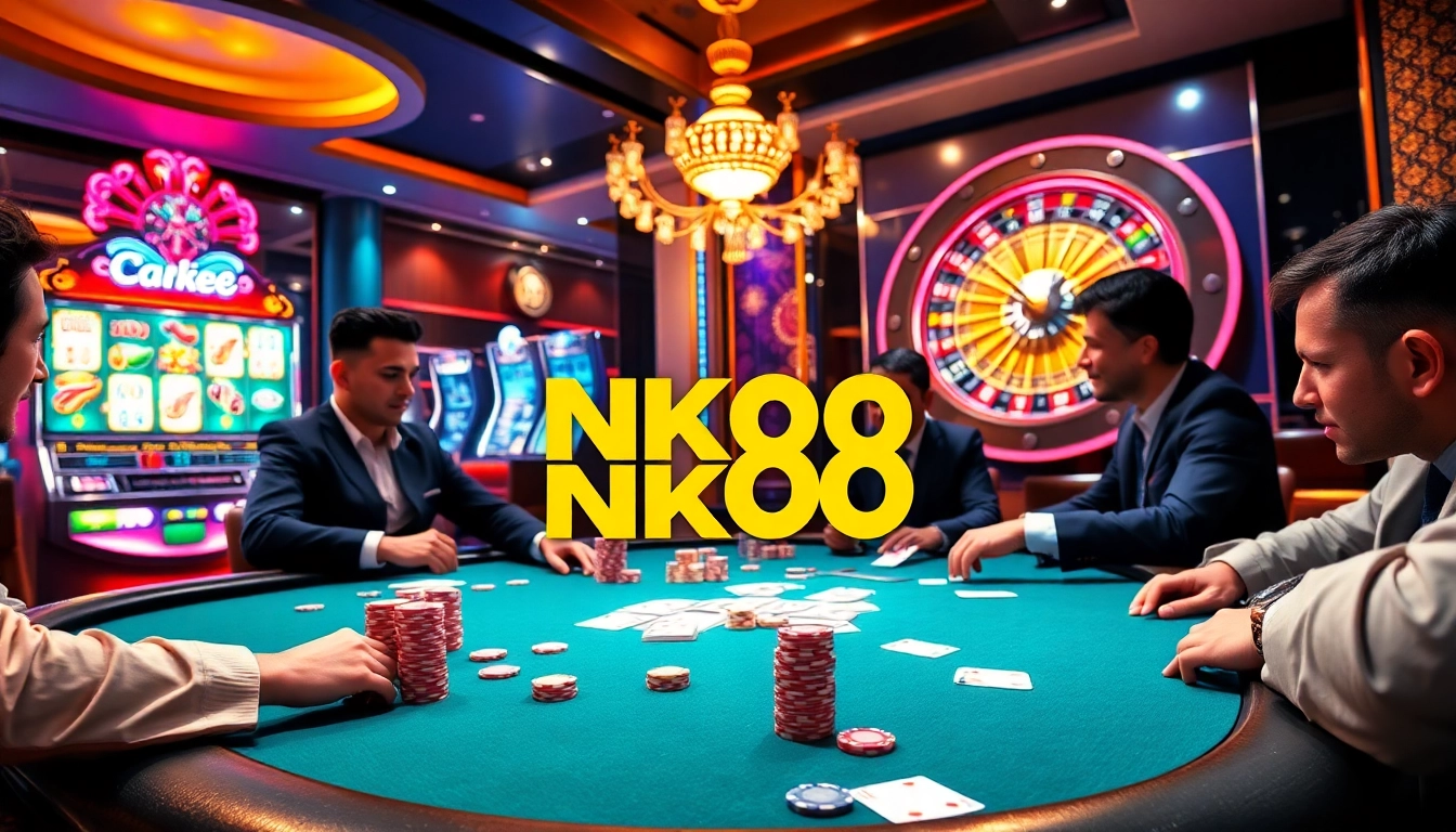 NK88 casino scene showcasing a high-stakes poker game with vibrant chips and cards.