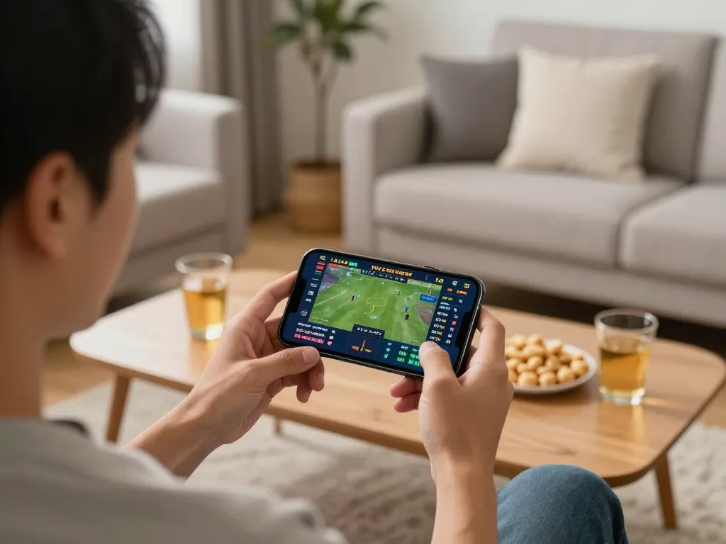 KONG88 sports betting experience with a player analyzing live game odds on a smartphone in a cozy home environment.