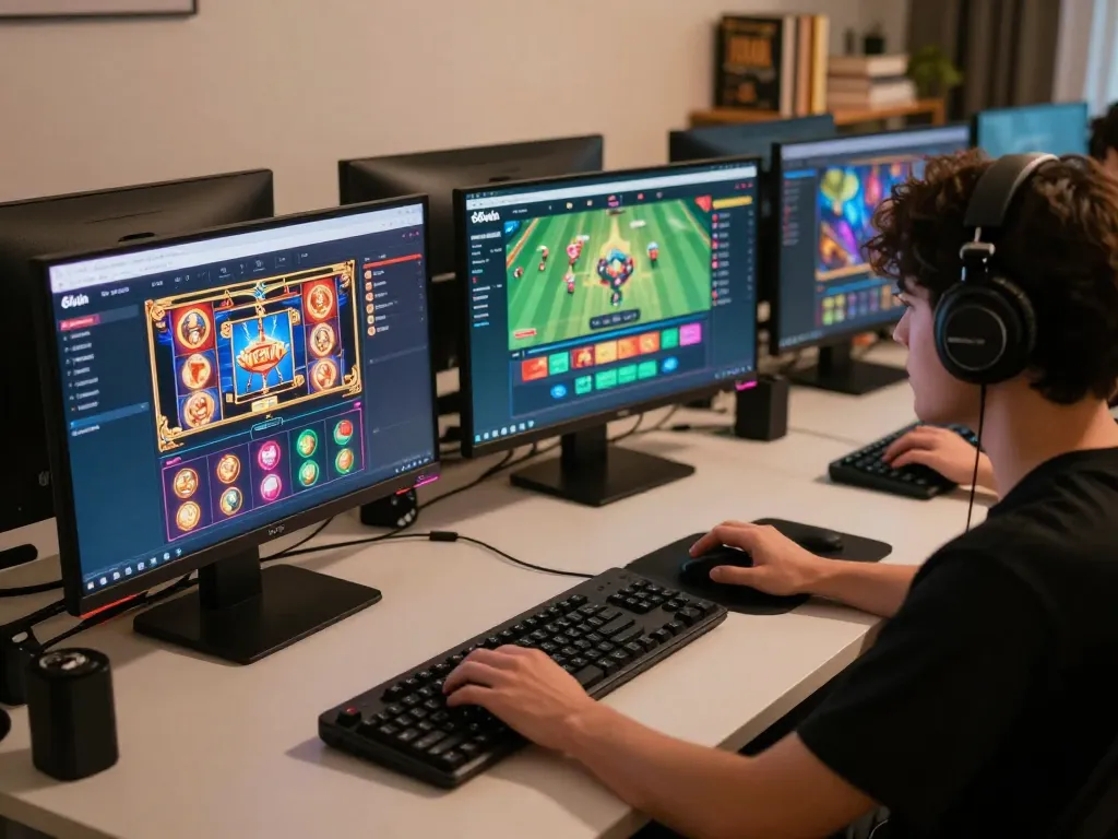 Gamer engaging with 68win's online casino platform, immersive gameplay on multiple screens