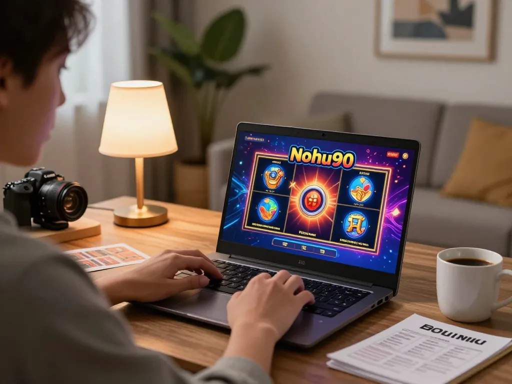 Nohu90 online gaming experience with vibrant slot games on a laptop, cozy home setup.