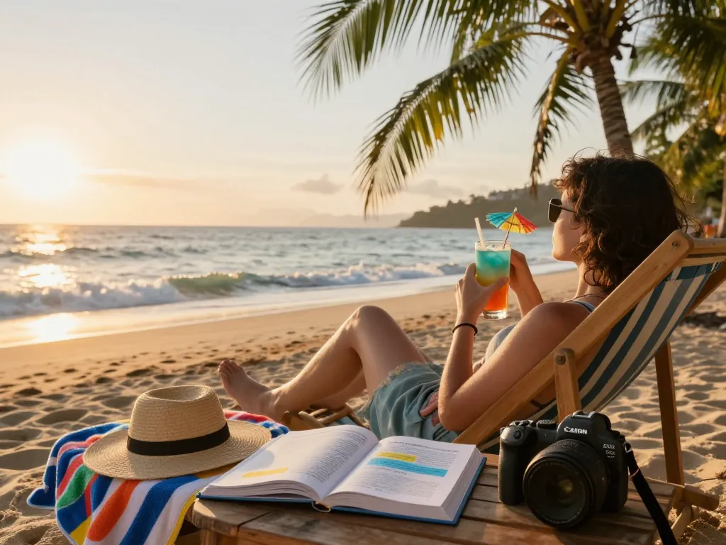Person enjoying a relaxing sunset at the beach with Fly88 travel experience.