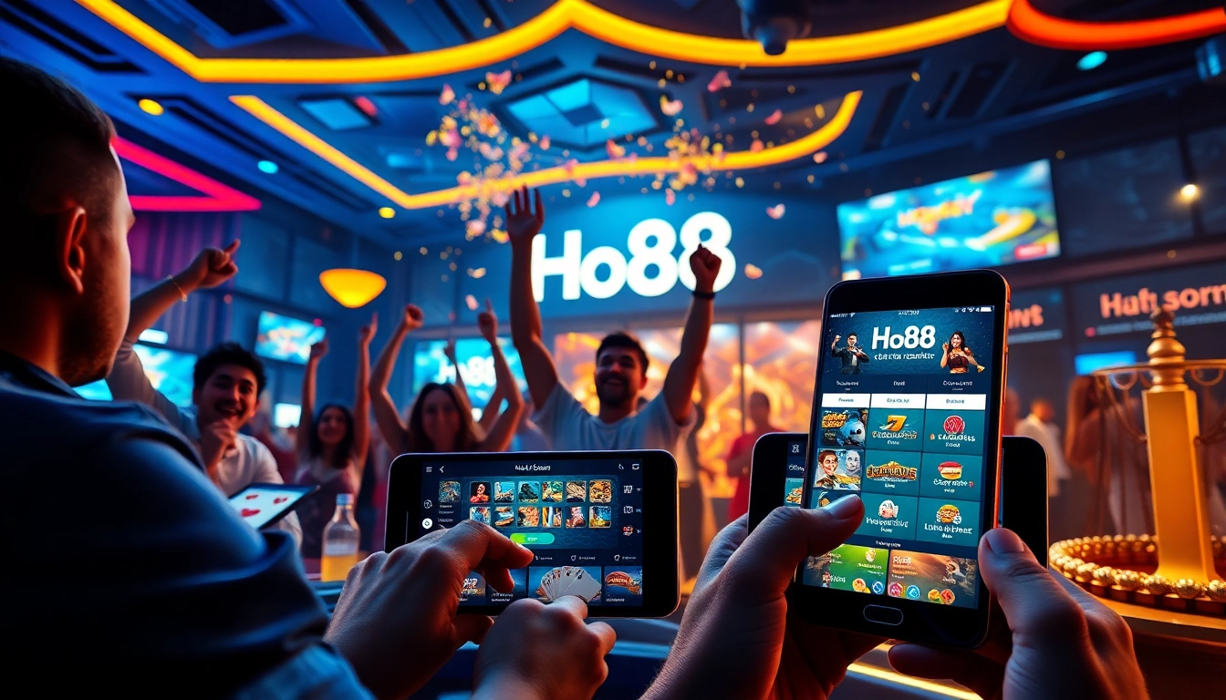 Exciting online gambling scene featuring Ho88 app with players celebrating wins.