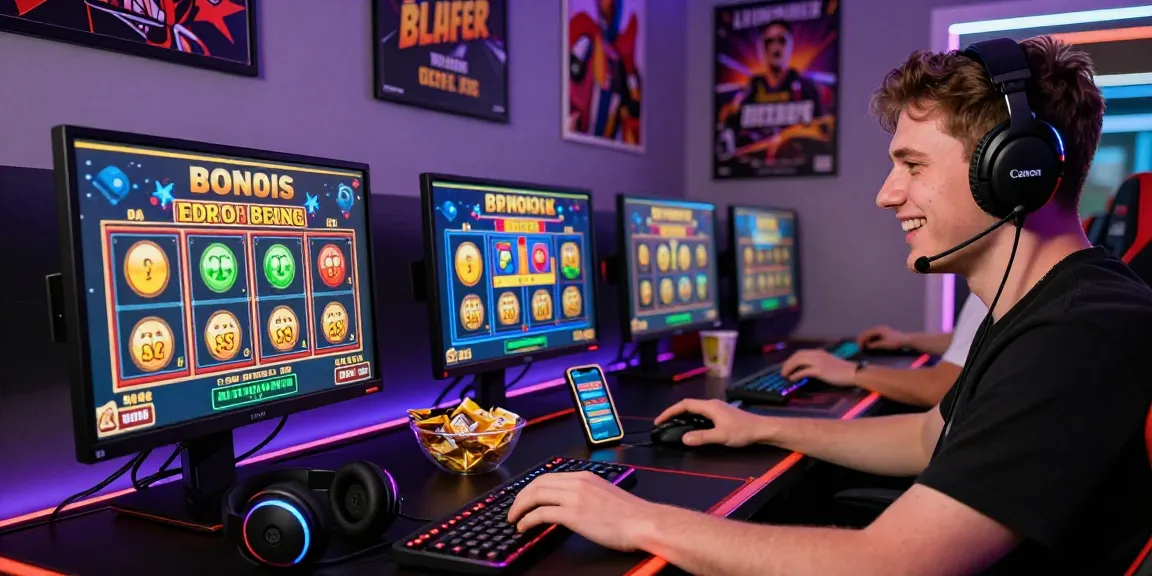 Player enjoying bonus buy slots UK in a vibrant gaming setup with multiple screens and accessories.
