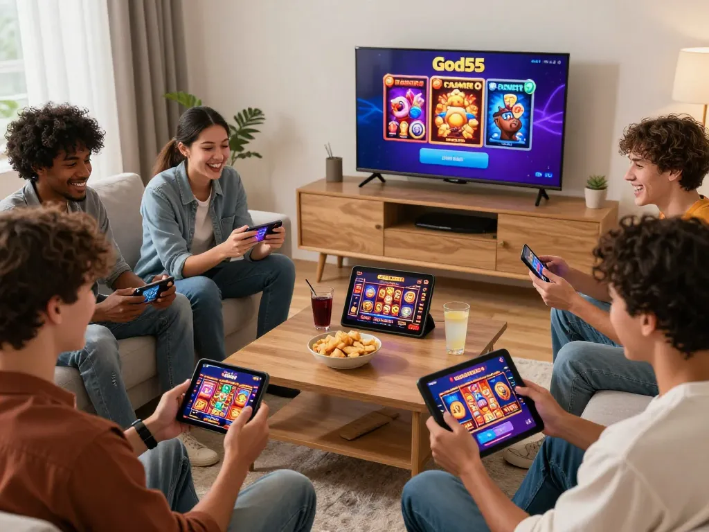Engaging friends experiencing exciting slot games from https://god55.agency/ in a cozy living room.