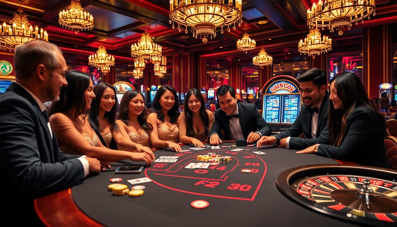 Gamblers strategizing at a luxurious blackjack table in a vibrant kqbd casino atmosphere.