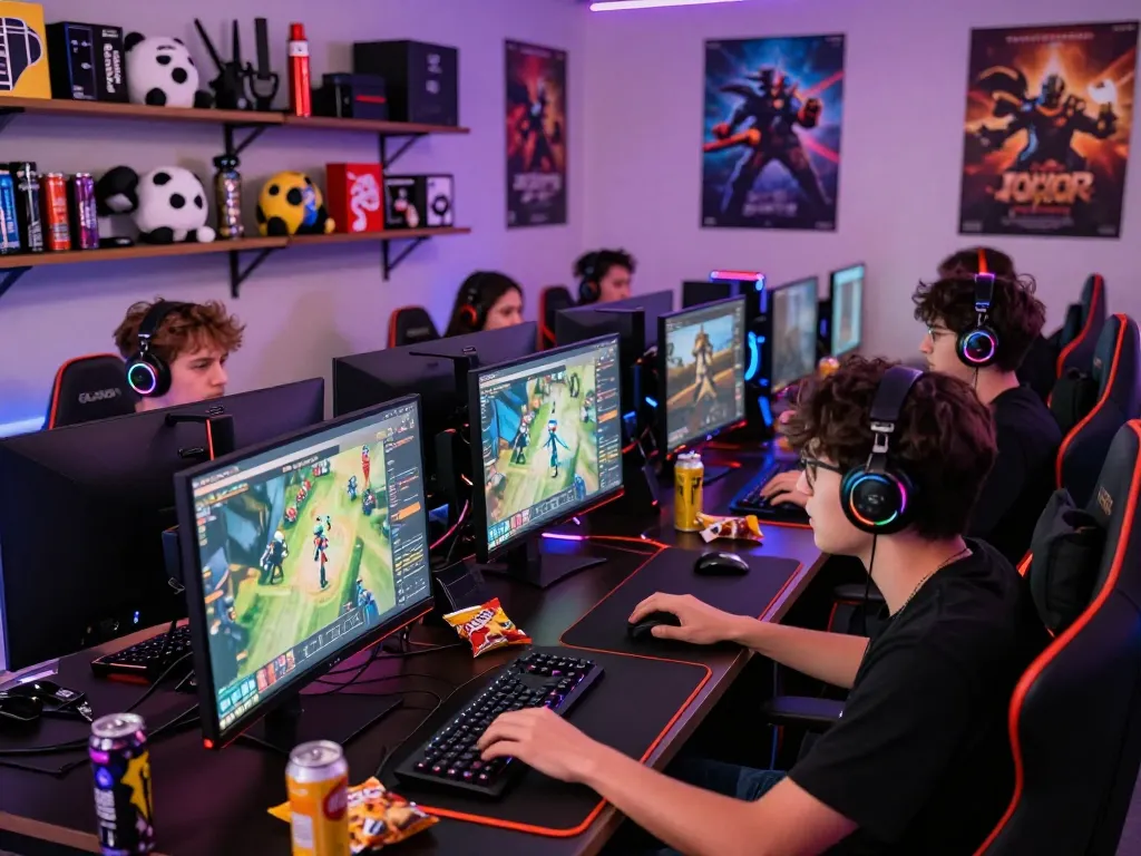 Gamers enjoying foya888 on high-end PCs with colorful RGB lighting.