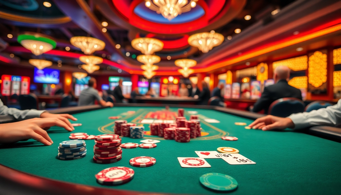 Casino spielen an einem lebhaften Spieltisch mit bunten Chips und Karten in Aktion.