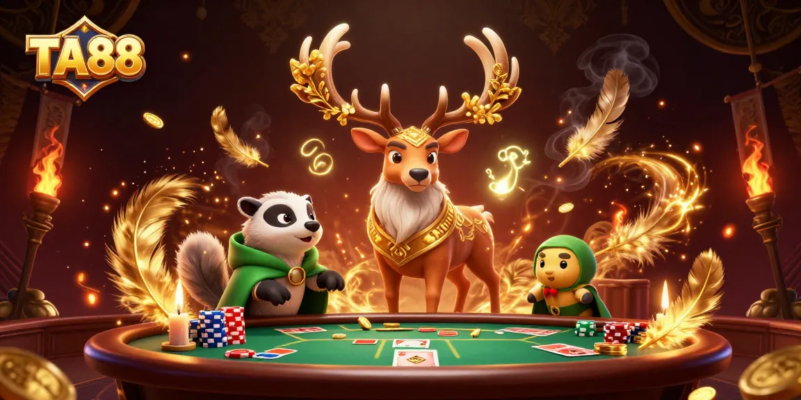 TA88 poker night features a Celtic druid stag and a wise badger surrounded by action.