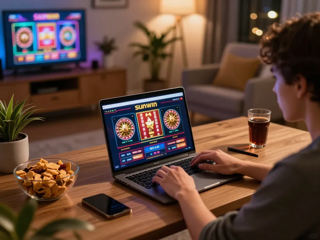 Engaged player exploring sunwin online casino games on a cozy home desk.