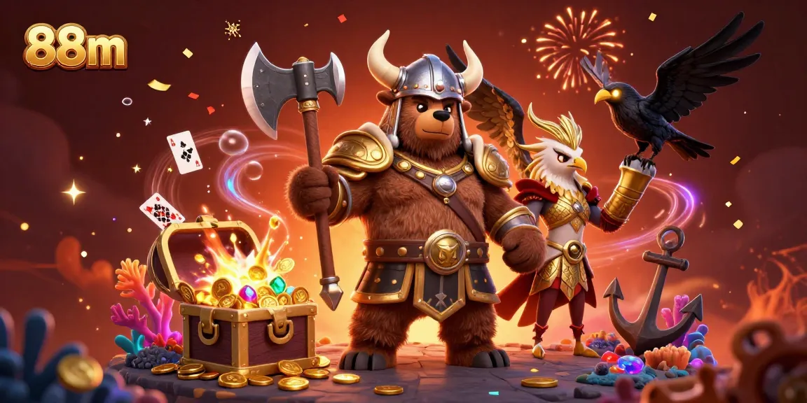 Experience the thrilling adventures of 88m with a Viking bear and Valkyrie eagle amidst casino treasures and vibrant action.