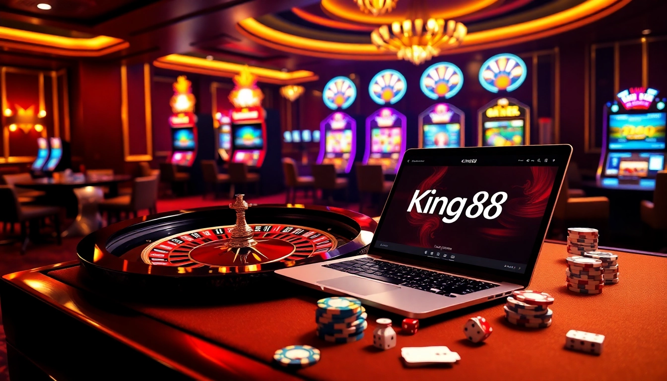 Experience the thrill of King88 with vibrant casino elements like roulette, slots, and poker chips.