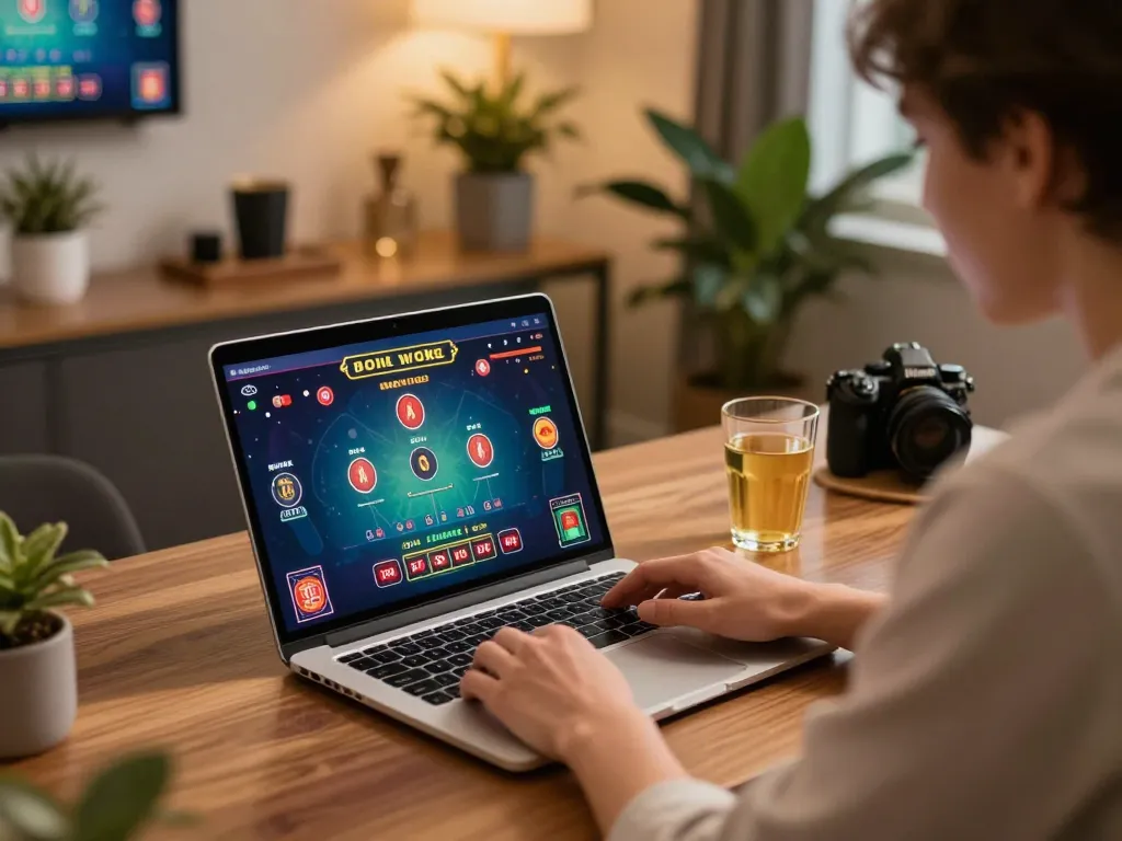 Engaging moment of online casino gameplay with a player strategizing in a cozy home setting.
