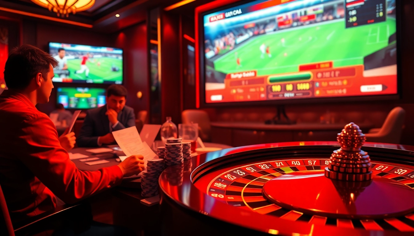 Betting on Taruhan Bola in a luxury casino with live score displays and poker chips.