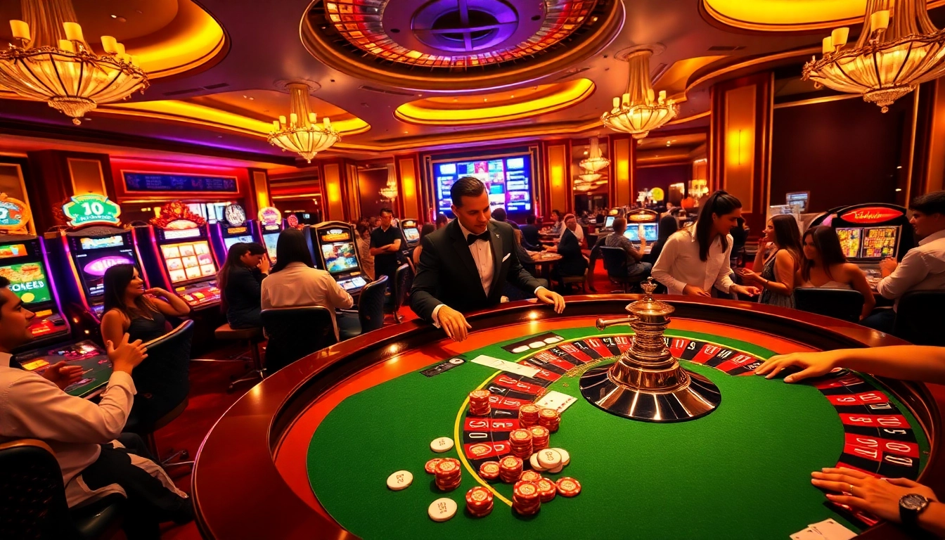 Engaging scene of a bustling casino table featuring roulette and immersive digital elements to reflect https://xx88csn.com/ excitement.