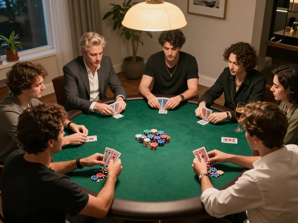 Players at a bk8 poker night analyzing their cards during an exciting game evening.