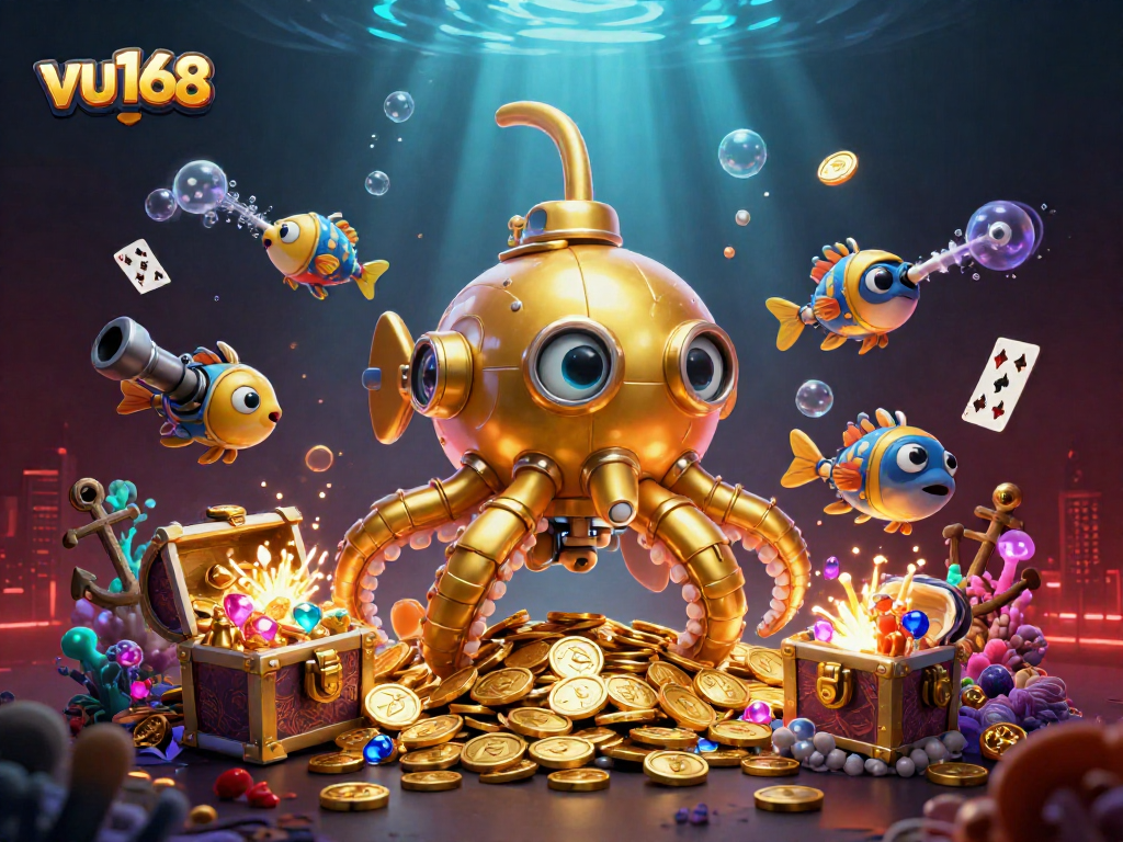 Experience thrilling adventures at vu168 with an exciting underwater scene featuring a golden kraken and treasures.