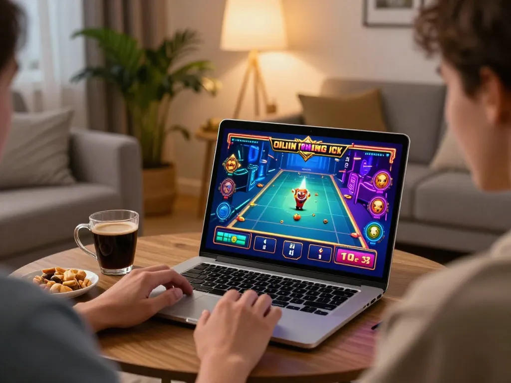 Enjoying luck88 online casino gaming in a cozy home setup with laptop and snacks.