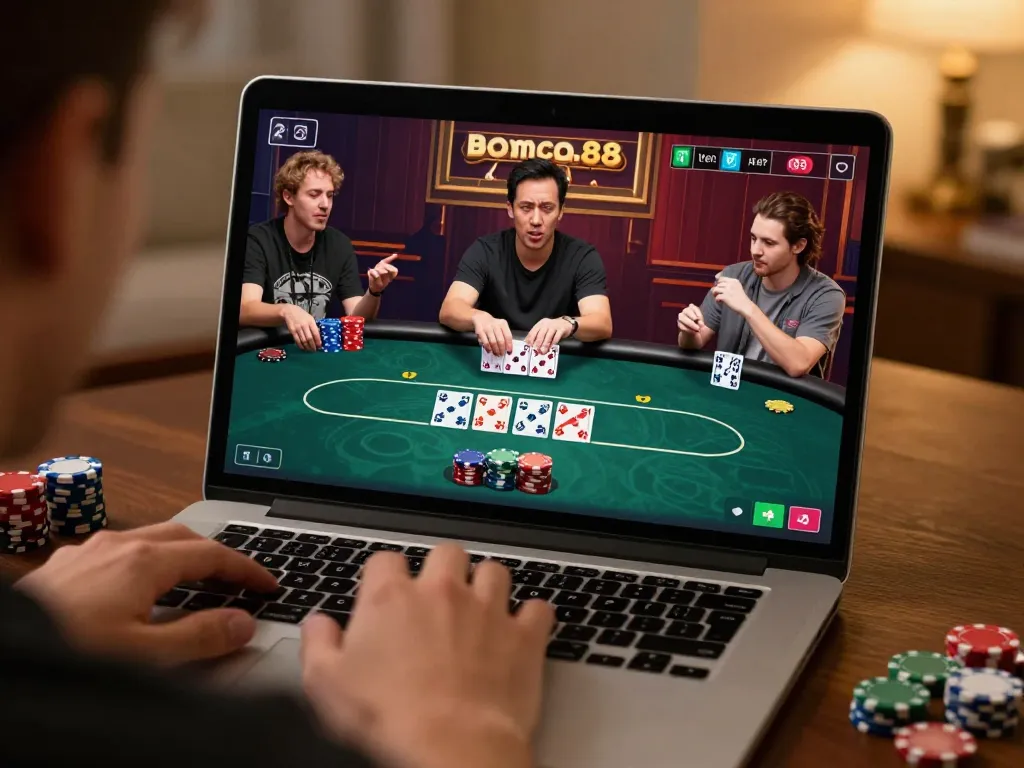 Engaged players in an online domino88 poker game, showcasing virtual chips and strategic gameplay.