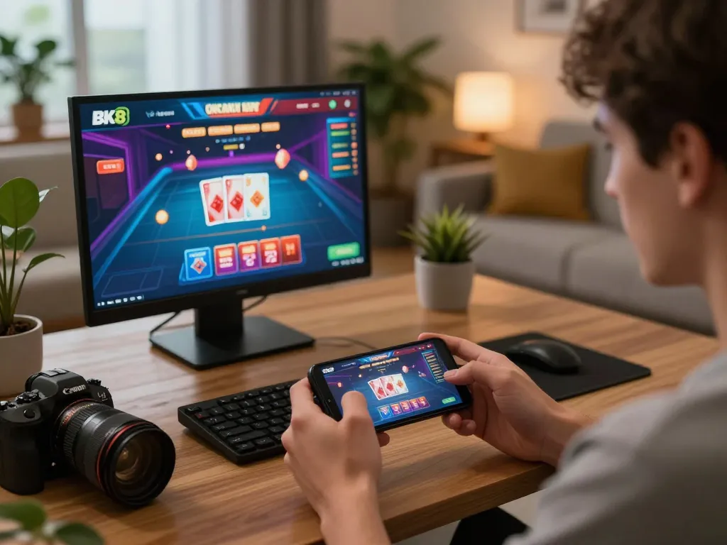 Engaging in BK8 online gaming with a casino app while seated comfortably, emphasizing responsible play