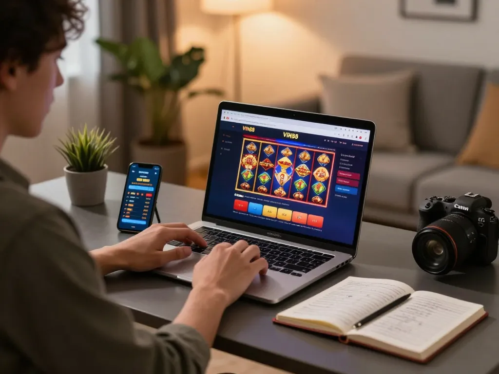 Engaging home gaming setup with VIN88 online casino interface on a laptop, showcasing responsible gambling.