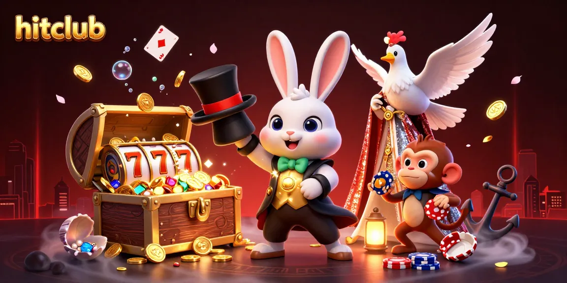 Join the fun at hitclub with a magician rabbit, dove, and monkey in a vibrant casino scene!