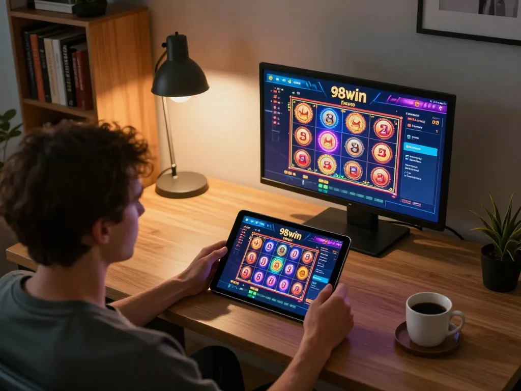Engaging moment on 98 win casino app as player spins colorful slot reels at cozy home desk.