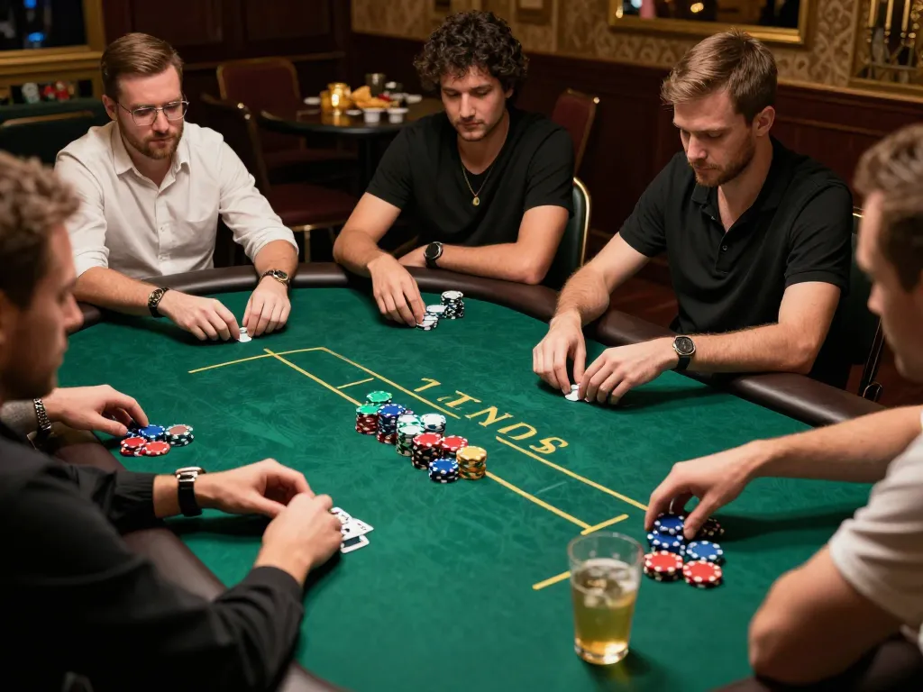 Win138 poker players strategizing during an exciting Texas Hold'em game at a well-lit casino table