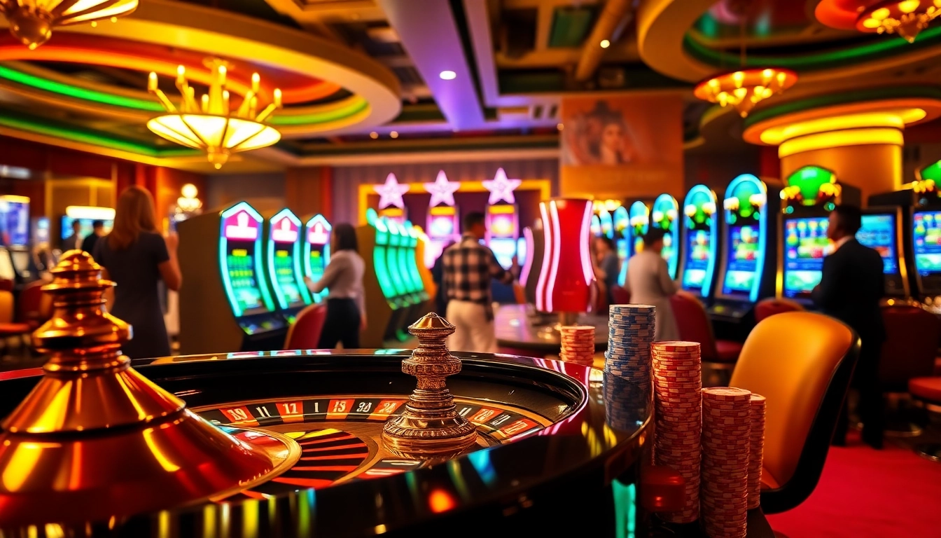 Kqxs players eagerly participate in a vibrant casino lottery scene with roulette and slot machines.
