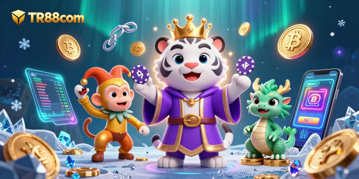 Experience thrilling wins at TR88com with a vibrant gaming scene featuring playful characters and crypto elements.