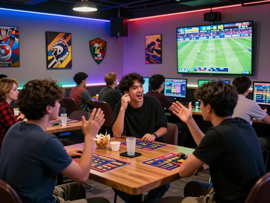 Exciting debet betting scene in a vibrant lounge with friends discussing strategies and watching live sports.