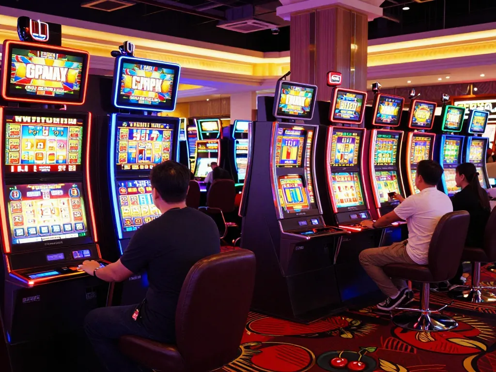 Engaged players enjoying VT88 slots in a vibrant casino atmosphere with bright lights and excitement.