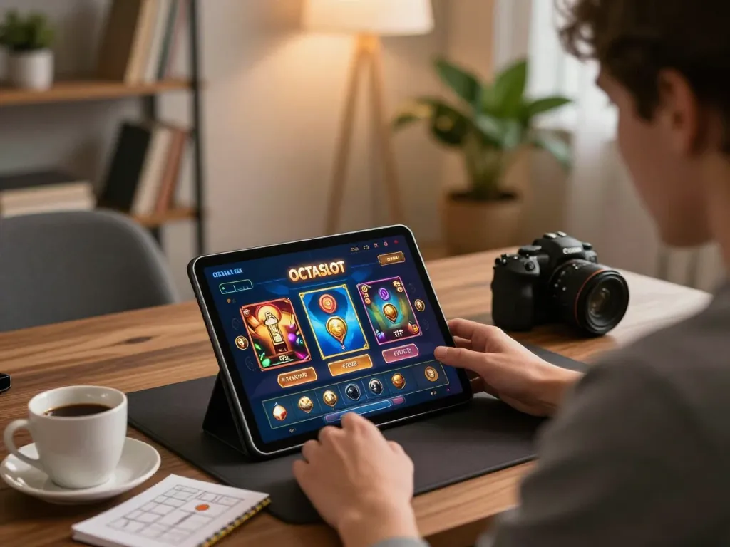 Experience OCTASLOT gaming on a tablet with vibrant visuals and strategic notes in a cozy setting.