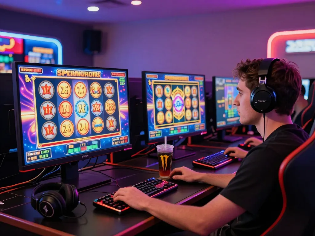 Exciting gaming moment of dash88 player at modern setup, dual monitors showcasing slot machines and colorful animations.