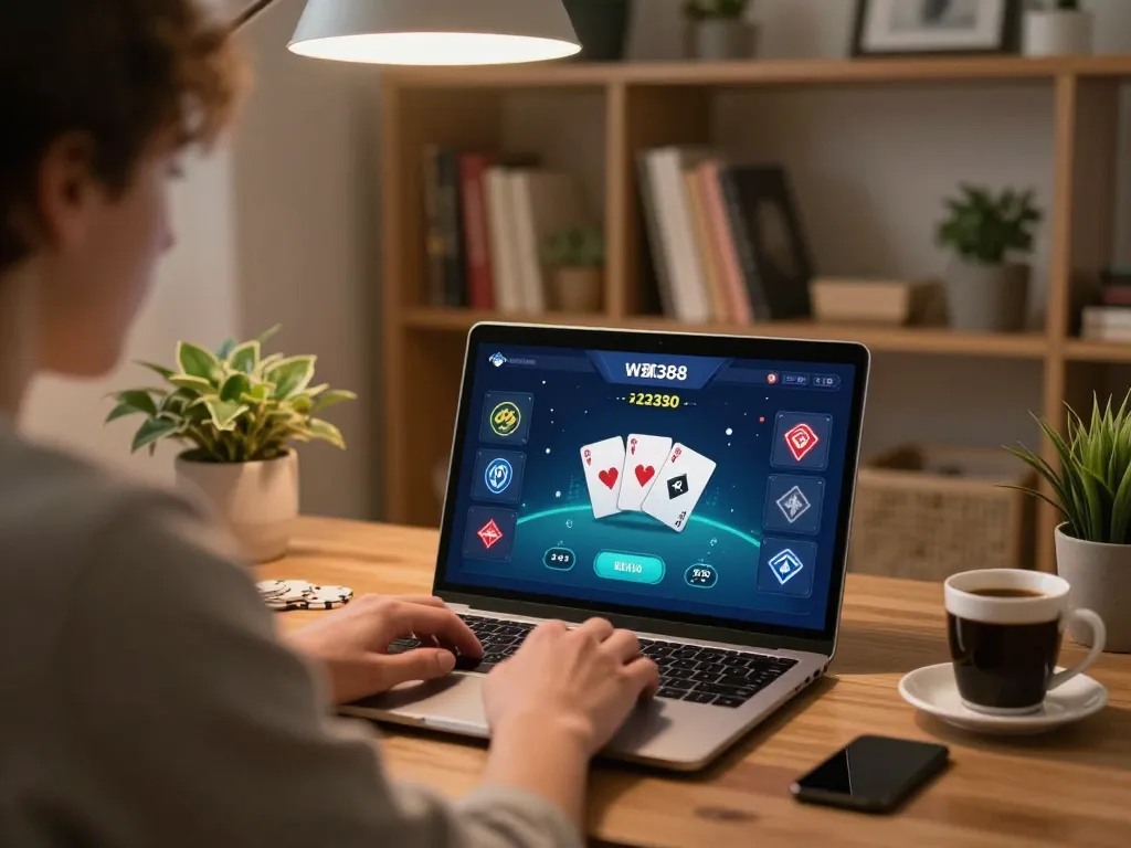 Terlibat dalam permainan poker online wuling388 dari pengaturan kantor rumah yang stylish, menekankan permainan strategis