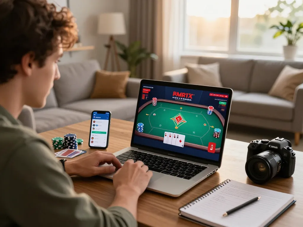 Playing online poker at https://sc88.games/ with excitement, showcasing strategic cards and a cozy environment.