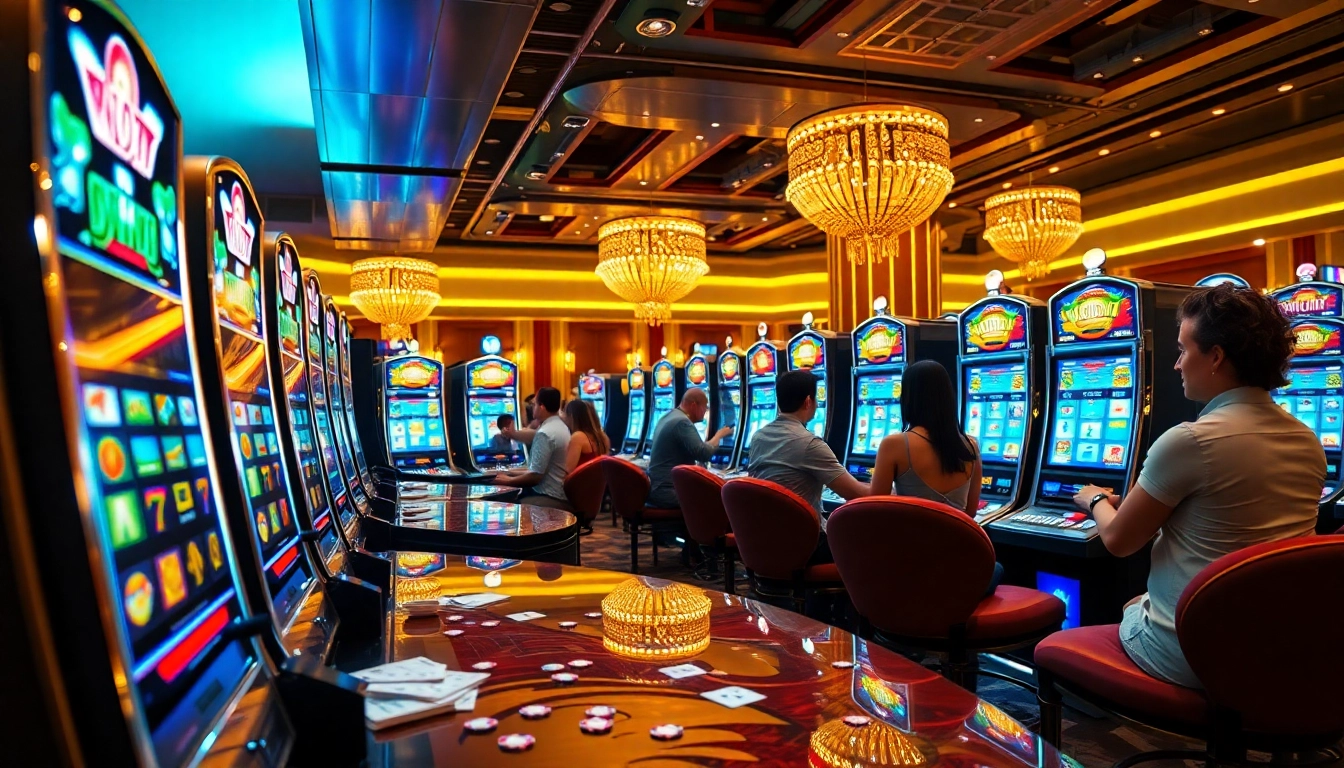 Players winning big on slot machines at a vibrant casino scene, showcasing excitement.